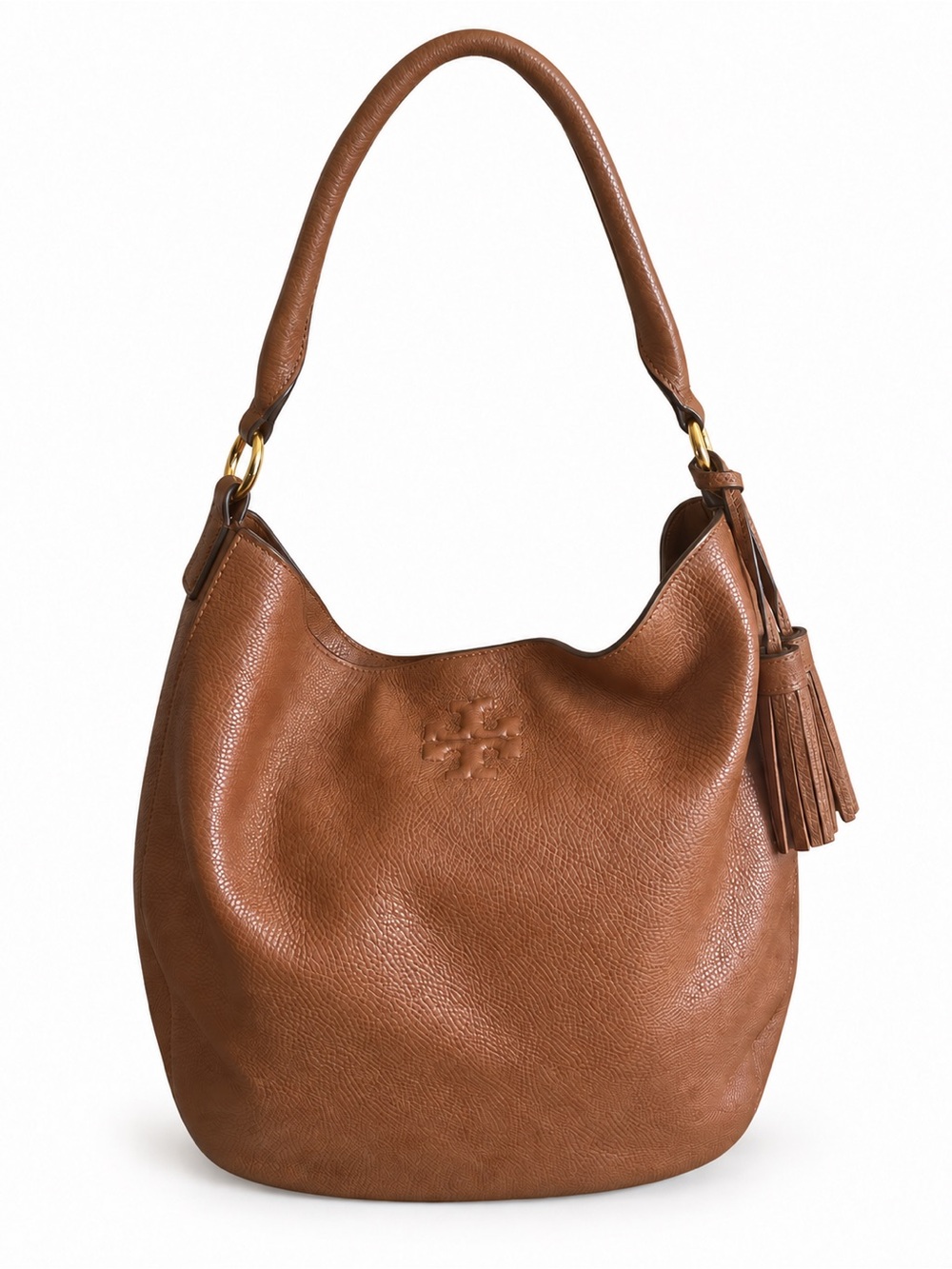 Tory Burch Carson Hobo Cognac Pebbled Leather Tassel Shoulder Bag